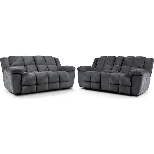 Living Room Furniture - Mellow Dual-Power Reclining Sofa and Loveseat Set - Gray