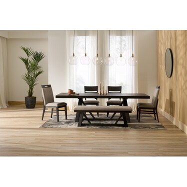 Edison Extendable Dining Table, 2 Upholstered Chairs, 2 Dining Chairs and Bench