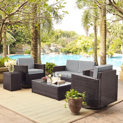 Aldo Outdoor Loveseat, 2 Swivel Chairs, Coffee Table, and End Table Set