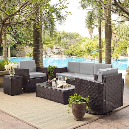 Aldo Outdoor Sofa, 2 Swivel Chairs, Coffee Table, and End Table Set