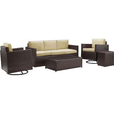 Aldo Outdoor Sofa, 2 Swivel Chairs, Coffee Table, and End Table Set - Sand