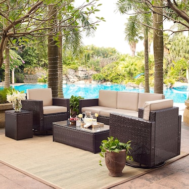 Aldo Outdoor Sofa, 2 Swivel Chairs, Coffee Table, and End Table Set - Sand
