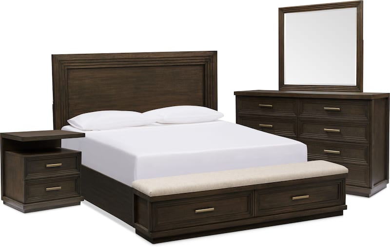 Arielle 6Piece Bedroom Set with Storage Bed, Charging Nightstand, Dresser and Mirror Value