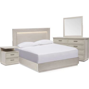 Arielle 6-Piece King Bedroom Set with Panel Bed, Charging Nightstand, Dresser and Mirror - Parchment
