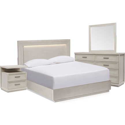 Arielle 6-Piece Queen Bedroom Set with Panel Bed, Charging Nightstand, Dresser and Mirror - Parchmen
