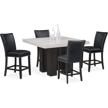 Artemis Counter-Height Marble Dining Table and 4 Upholstered Stools - Black