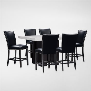 Artemis Counter-Height Marble Dining Table and 6 Upholstered Stools - White Marble/Black