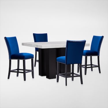 Artemis Counter-Height Marble Dining Table and 4 Upholstered Stools - Blue