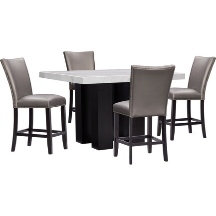 Artemis Counter-Height Marble Dining Table and 4 Upholstered Stools - Gray/White