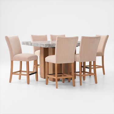Artemis Marble Counter-Height Dining Table and 6 Upholstered Stools with Natural Legs