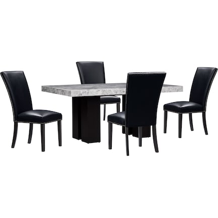 Artemis Marble Dining Table and 4 Upholstered Dining Chairs - Gray Marble/Black
