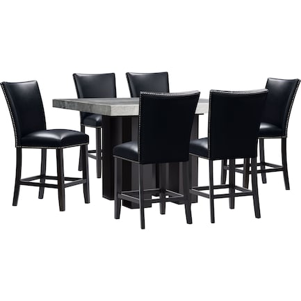 Artemis Marble Counter-Height Dining Table and 6 Upholstered Stools - Gray Marble/Black