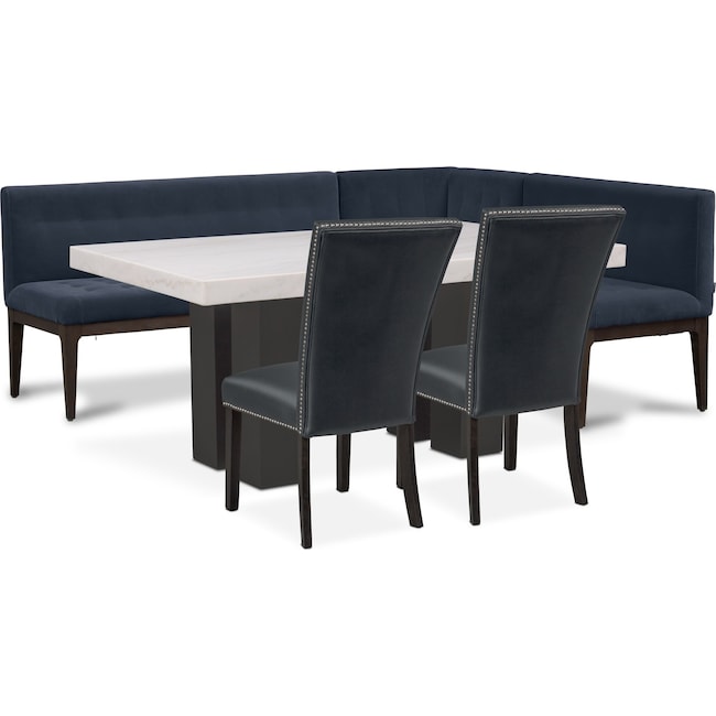 Dining Room Furniture - Artemis Marble Dining Table, Corner Banquette, and 2 Upholstered Dining Chairs