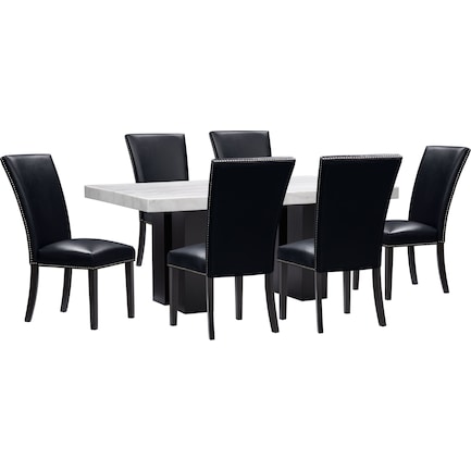Artemis Marble Dining Table and 6 Upholstered Dining Chairs - White Marble/Black