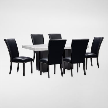 Artemis Marble Dining Table and 6 Upholstered Dining Chairs - White Marble/Black