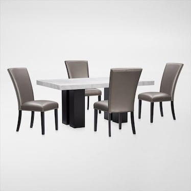Artemis Marble Dining Table and 4 Upholstered Dining Chairs - White Marble/Gray