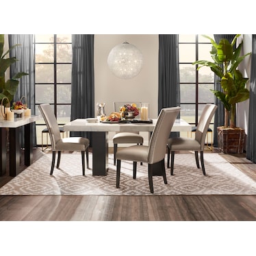 Artemis Marble Dining Table and 4 Upholstered Dining Chairs - White Marble/Gray