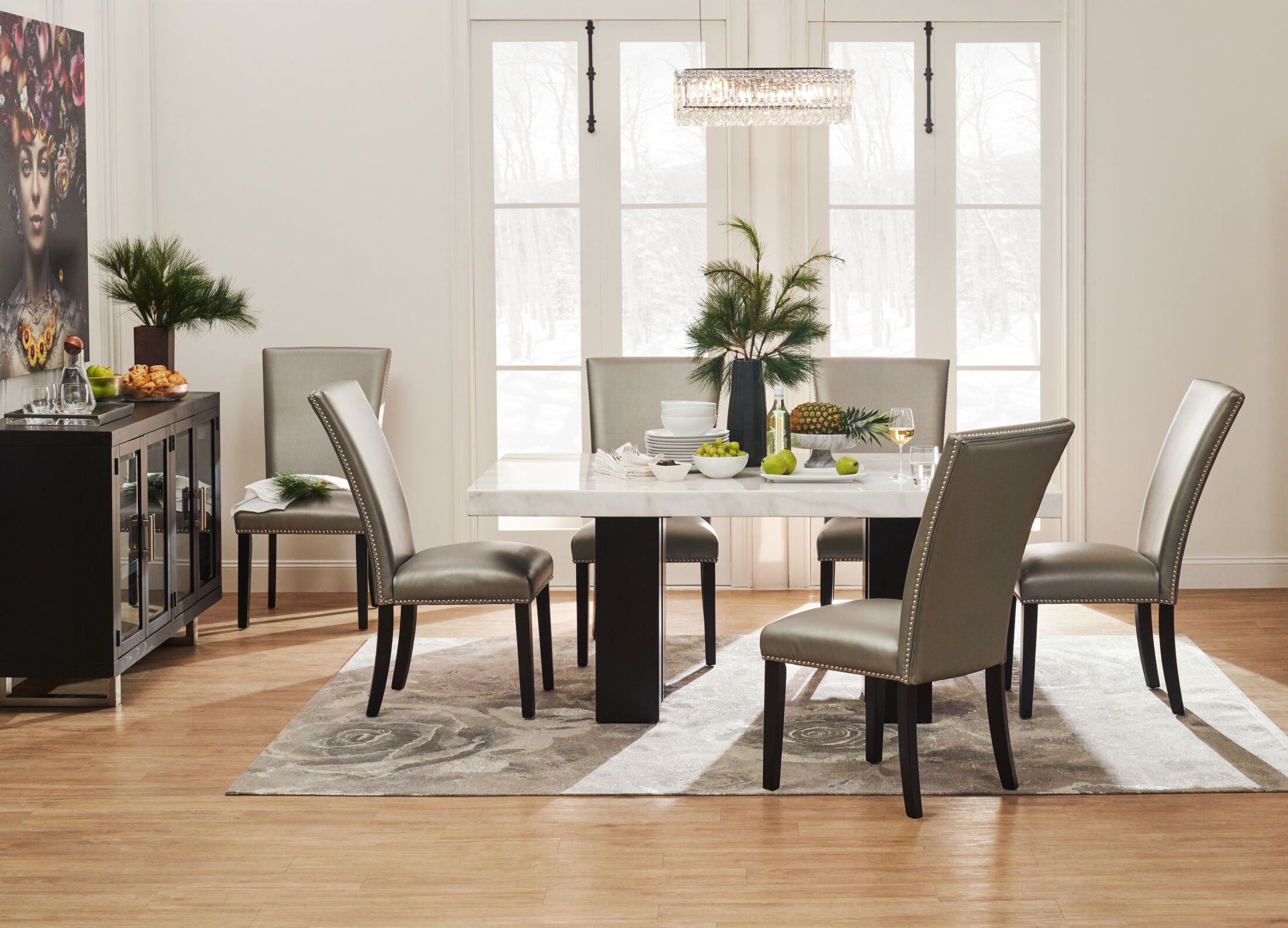 Artemis marble dining table and 6 upholstered dining chairs new arrivals