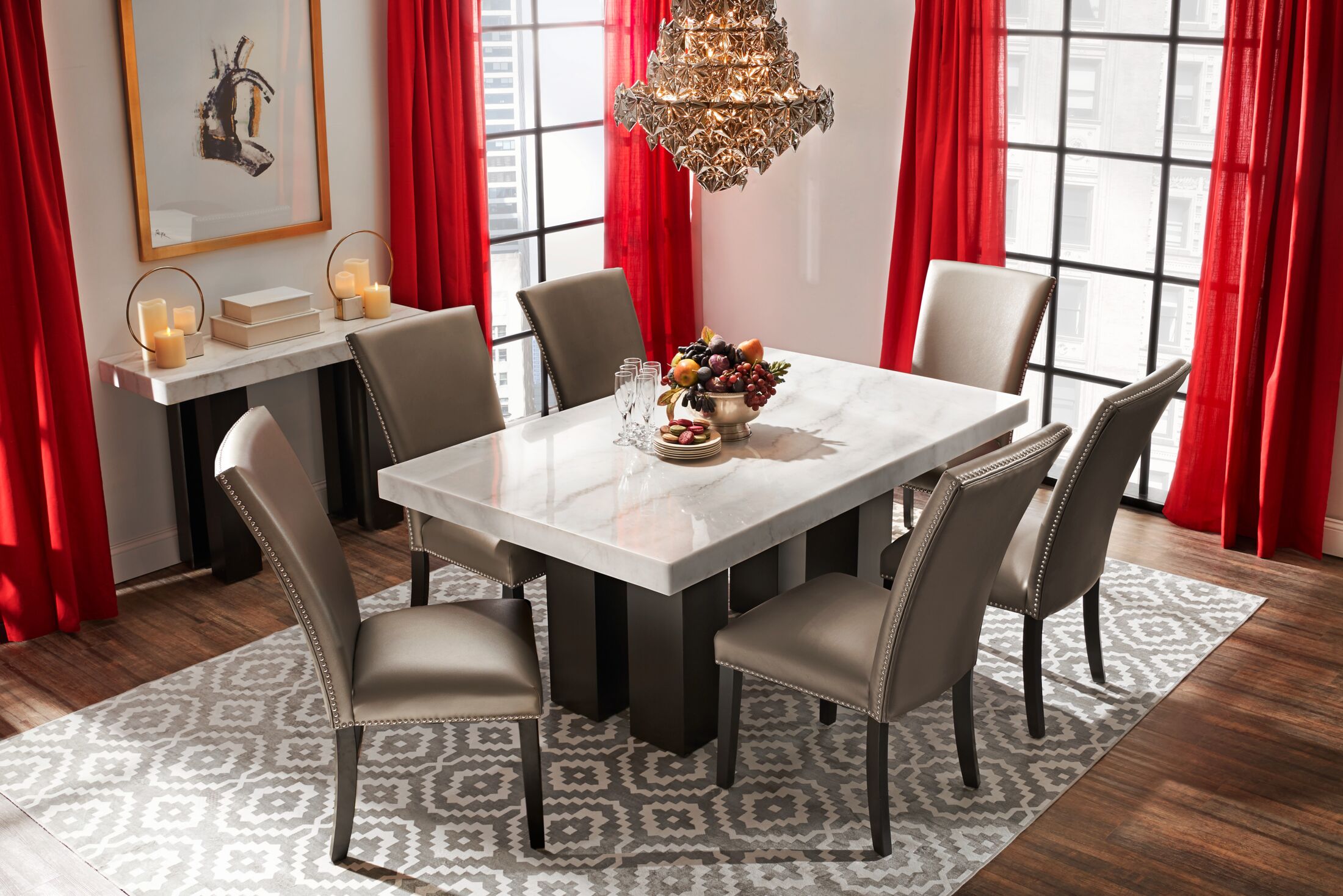 Artemis marble dining table and 6 upholstered dining chairs new arrivals