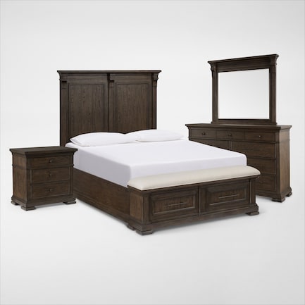 Asheville 6-Piece Queen Storage Bedroom Set with Dresser, Mirror, and Charging Nightstand - Tobacco