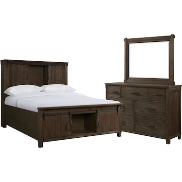 Barn Door 5-Piece Queen Bedroom Set with Dresser and Mirror - Brown