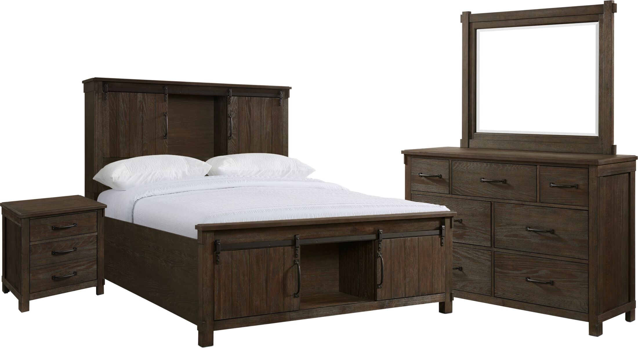 Barn Door 6Piece Queen Bedroom Set with Nightstand, Dresser and Mirror