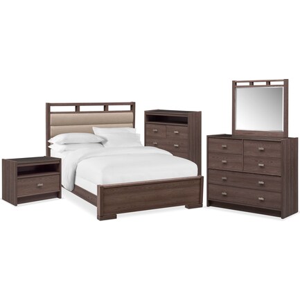 Britto 7-Piece King Upholstered Bedroom Set with Nightstand, Chest, Dresser and Mirror