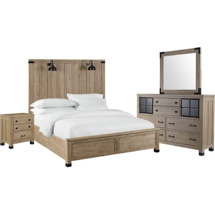 Brooke Harbor 6-Piece Queen Panel Bedroom Set with Nightstand, Dresser and Mirror - Natural