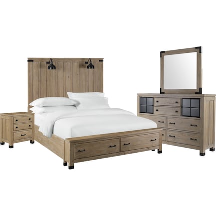 Brooke Harbor 6-Piece Queen Storage Bedroom Set with Nightstand, Dresser and Mirror - Natural