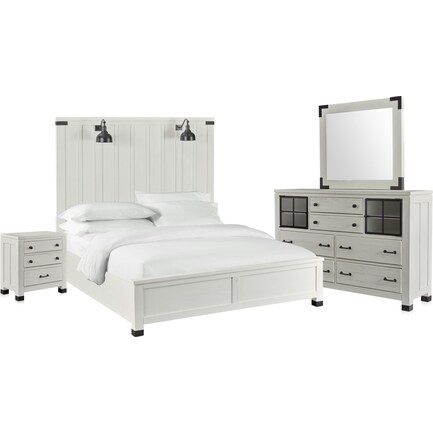 Brooke Harbor 6-Piece King Panel Bedroom Set with Nightstand, Dresser and Mirror - White
