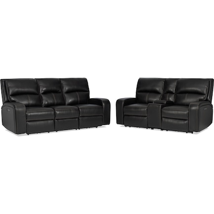 Burke Dual Power Reclining Leather Sofa and Loveseat  - Black