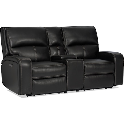 Burke Dual Power Reclining Leather Loveseat with Console - Black