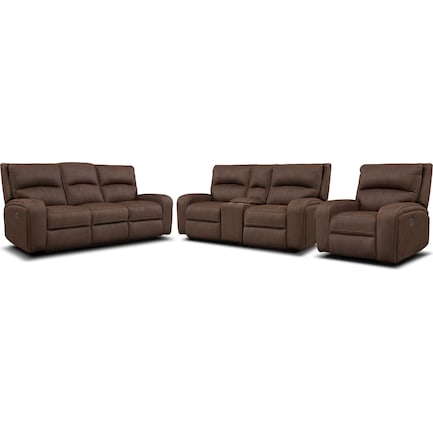 Burke Dual-Power Reclining Sofa, Loveseat and Recliner - Brown