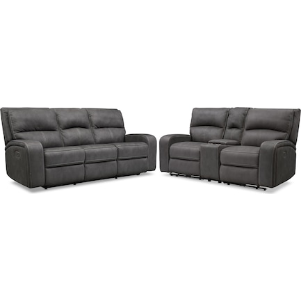 Burke Dual-Power Reclining Sofa and Loveseat with Console - Charcoal