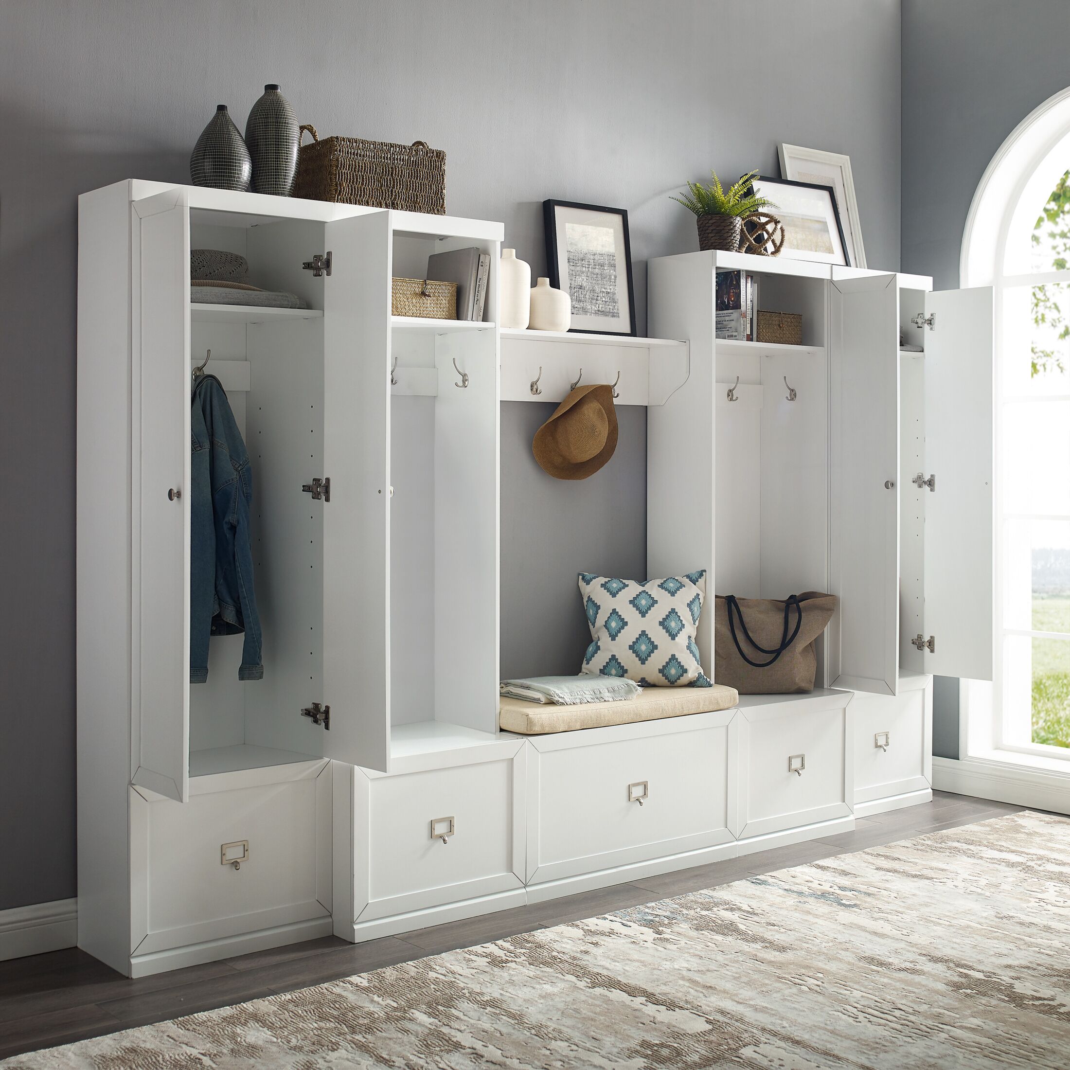 Caddie 6-Piece Entryway Set with Bench, Shelf, 2 Hall Trees and 2