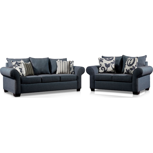 Living Room Furniture - Calloway Sofa and Loveseat Set - Blue