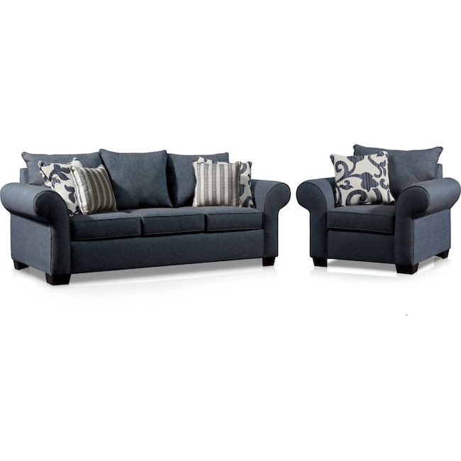 Living Room Furniture - Calloway Sofa and Chair Set - Blue