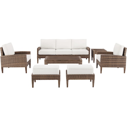 Capri Outdoor Sofa, 2 Armchairs, 2 Ottomans, End Table and Coffee Table - Brown