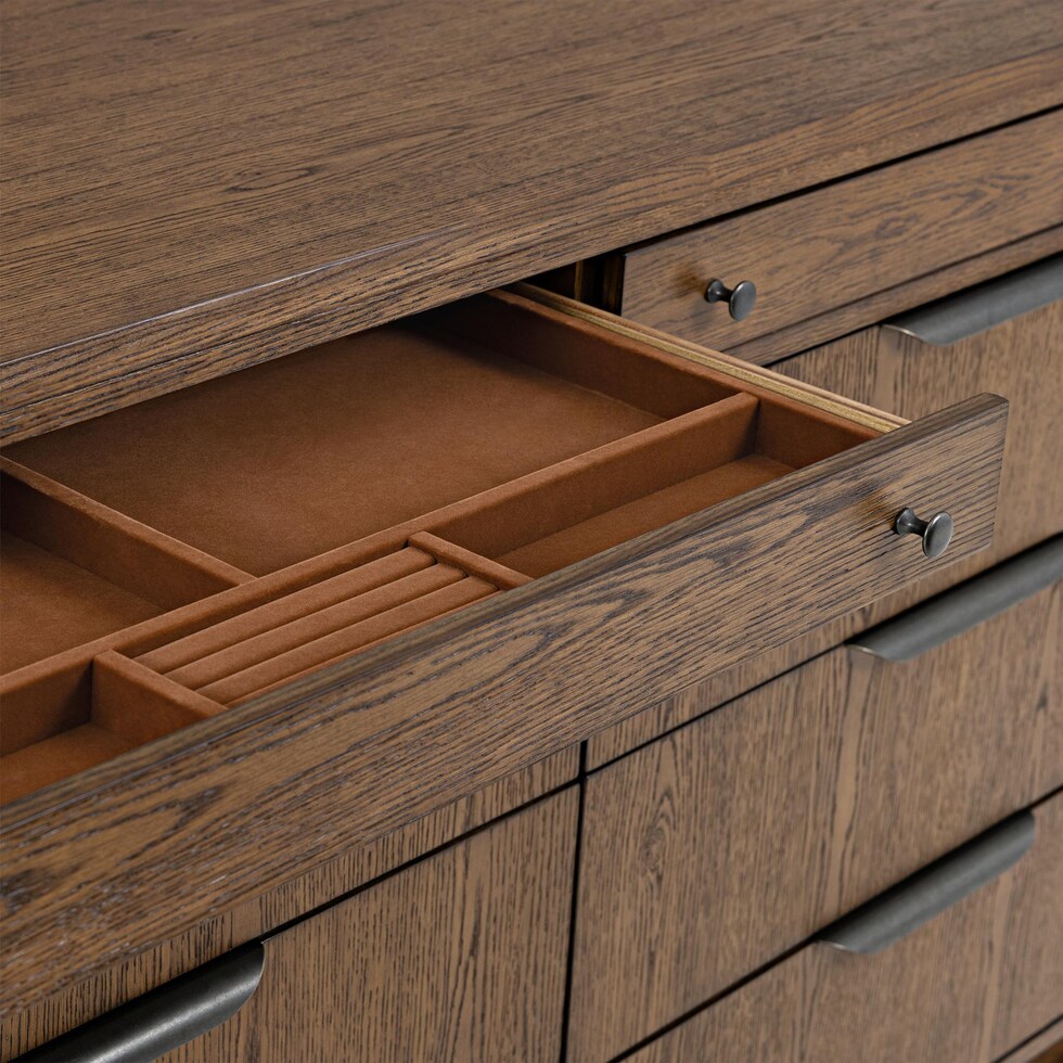 carter bedroom brown dresser and mirror   