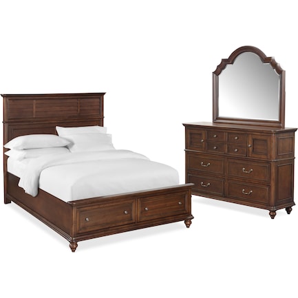 Charleston 5-Piece Queen Panel Storage Bedroom Set with Dresser and Mirror - Tobacco