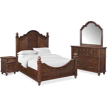 Charleston 6-Piece Poster Bedroom Set with Nightstand, Dresser and Mirror