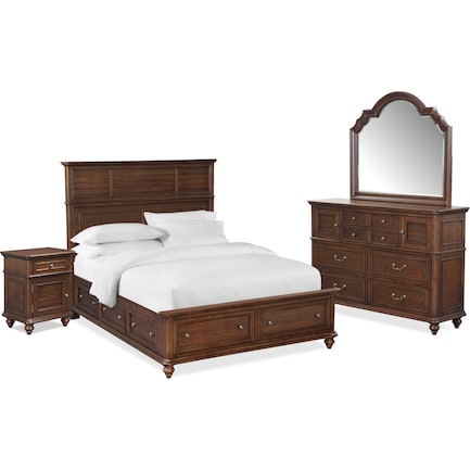 Charleston 6-Piece Queen Panel Bedroom Set with 6 Underbed Drawers - Tobacco