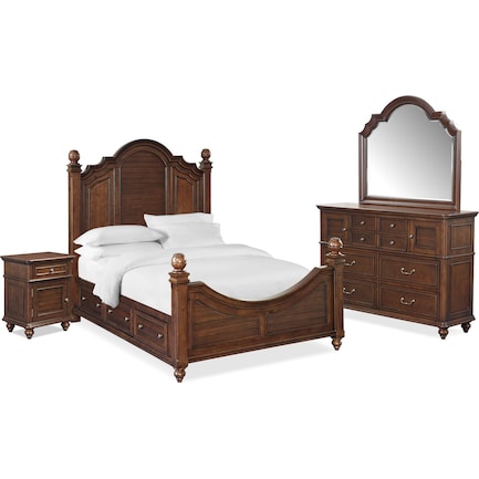 Charleston 6-Piece Poster Bedroom Set with 4 Underbed Drawers, Nightstand, Dresser and Mirror