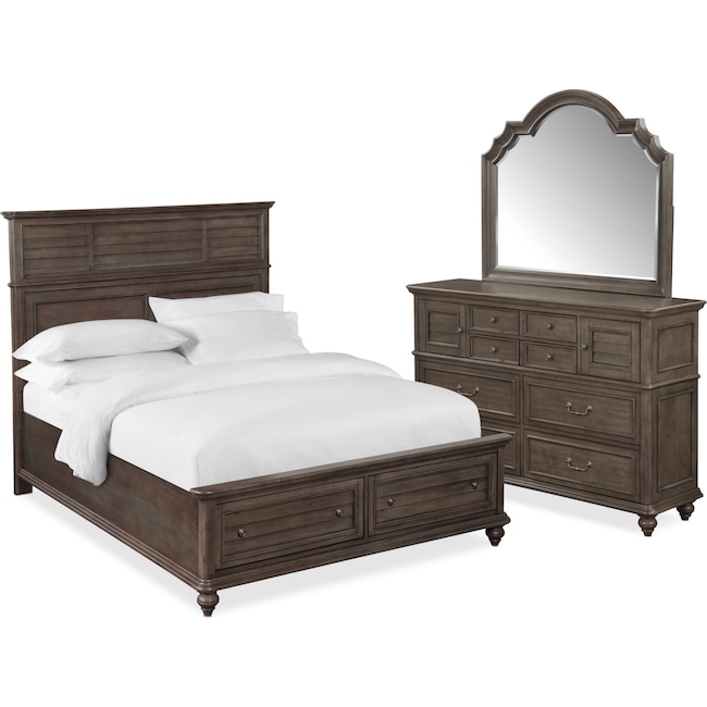 Bedroom Furniture - Charleston 5-Piece Panel Storage Bedroom Set with Dresser and Mirror