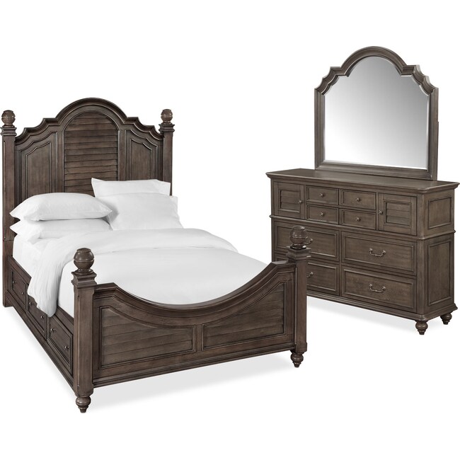 Bedroom Furniture - Charleston 5-Piece Poster Storage Bedroom Set with 4 Underbed Drawers, Dresser and Mirror