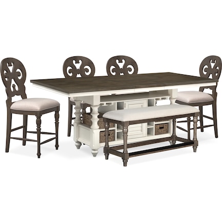 Charleston Kitchen Island, 4 Scroll-Back Stools and Bench - Gray and White