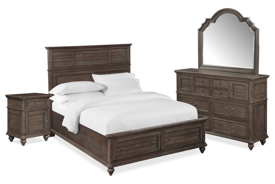 Charleston 6Piece Queen Panel Storage Bedroom Set with Nightstand, Dresser and Mirror Gray
