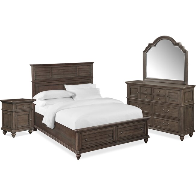 Bedroom Furniture - Charleston 6-Piece Panel Storage Bedroom Set with Nightstand, Dresser and Mirror