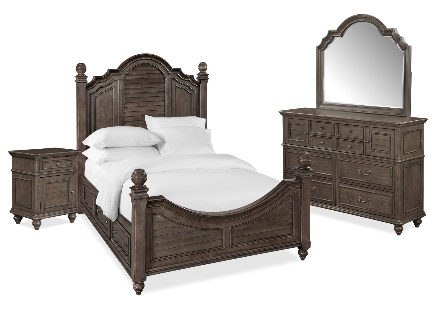 Charleston 6 Piece Poster Bedroom Set With 4 Underbed Drawers Nightstand Dresser And Mirror Value City Furniture