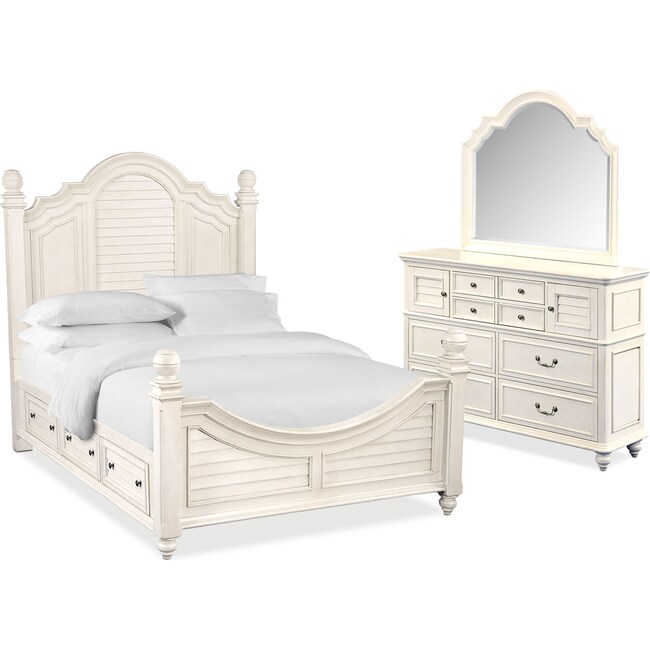 Bedroom Furniture - Charleston 5-Piece Poster Storage Bedroom Set with 4 Underbed Drawers, Dresser and Mirror